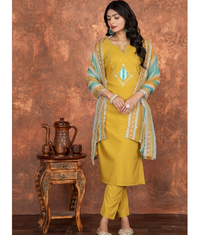     			Niza Fashion Silk Embroidered Kurti With Pants Women's Stitched Salwar Suit - Yellow ( Pack of 1 )