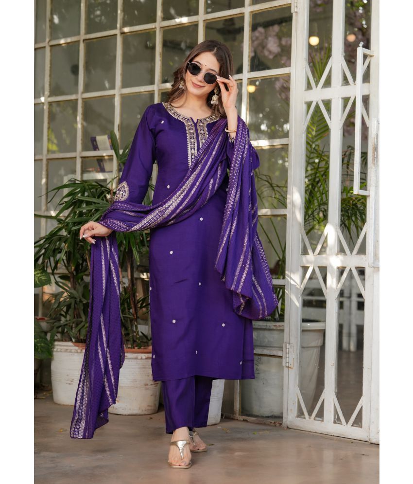     			SAREEKART FAB Chanderi Silk Embellished Kurti With Pants Women's Stitched Salwar Suit - Purple ( Pack of 1 )