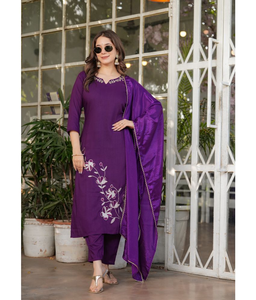     			SAREEKART FAB Viscose Embroidered Kurti With Pants Women's Stitched Salwar Suit - Purple ( Pack of 1 )