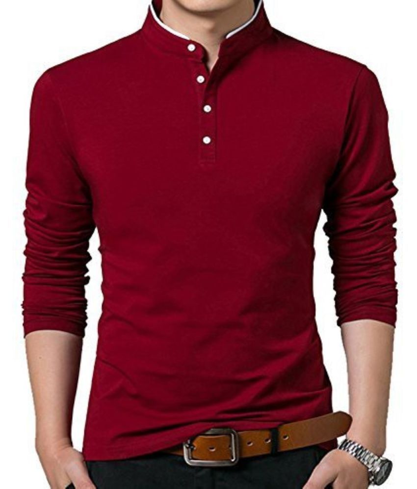     			Alexender Cotton Regular Fit Solid Full Sleeves Men's Mandarin Collar T-Shirt - Maroon ( Pack of 1 )