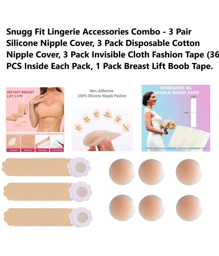     			Best Quality Cheapest Combo - Breast Lift Boob Tape (1), Flix 10 Times Reusable Silicone Nipple Cover (3 Pair), Disposable Cotton Nipple Cover (3 Pack) & Double Side Invisible Fashion Body Tape (3 Pack)