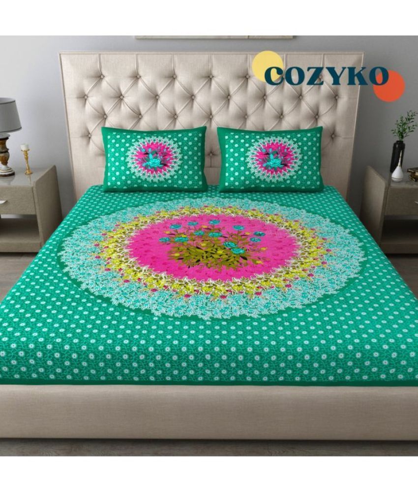     			COZYKO Cotton 1 Double Bedsheet with 2 Pillow Covers ( Green )