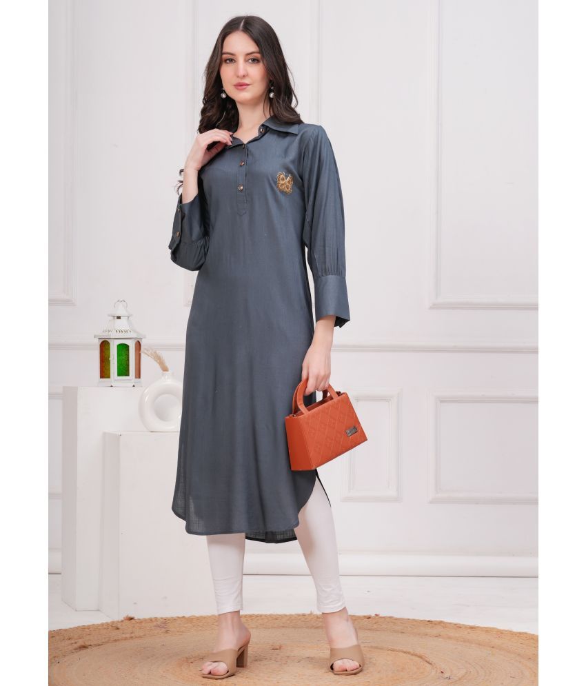     			HIGHLIGHT FASHION EXPORT Pack of 1 Viscose Rayon Solid Straight Women's Kurti - ( Grey )