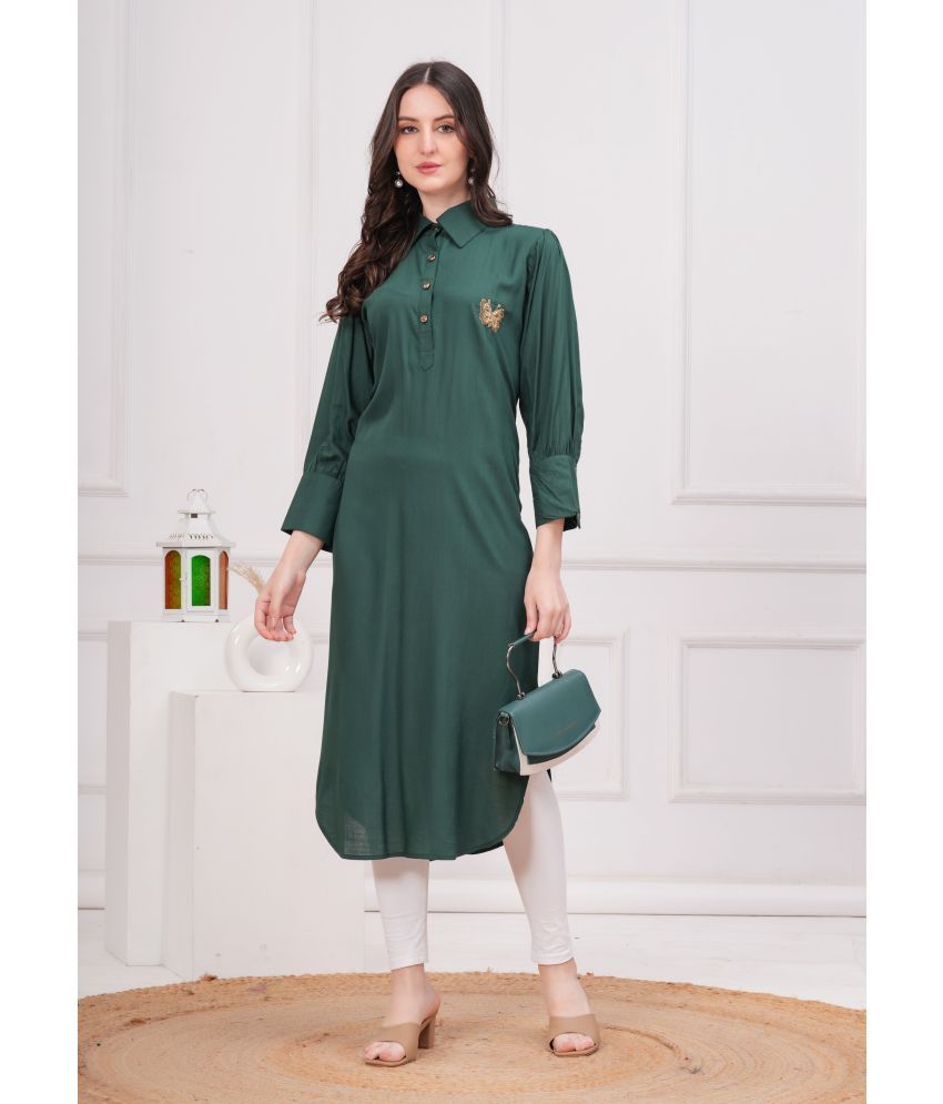     			Jyoti Pack of 1 Viscose Rayon Solid Shirt Style Women's Kurti - ( Green )