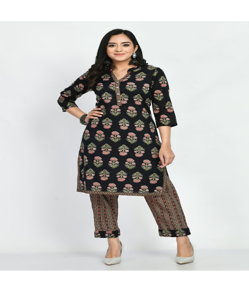     			Neel & Ned Cotton Blend Printed Kurti With Pants Women's Stitched Salwar Suit - Black ( Pack of 1 )