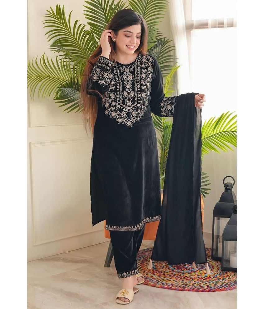     			kedar fab Velvet Embroidered Kurti With Pants Women's Stitched Salwar Suit - Black ( Pack of 1 )