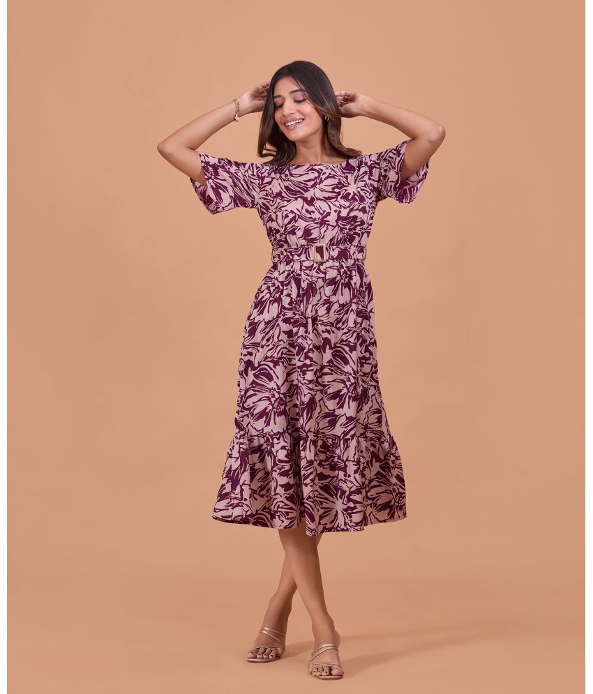     			Fashfun Cotton Blend Printed Midi Women's Fit & Flare Dress - Purple ( Pack of 1 )