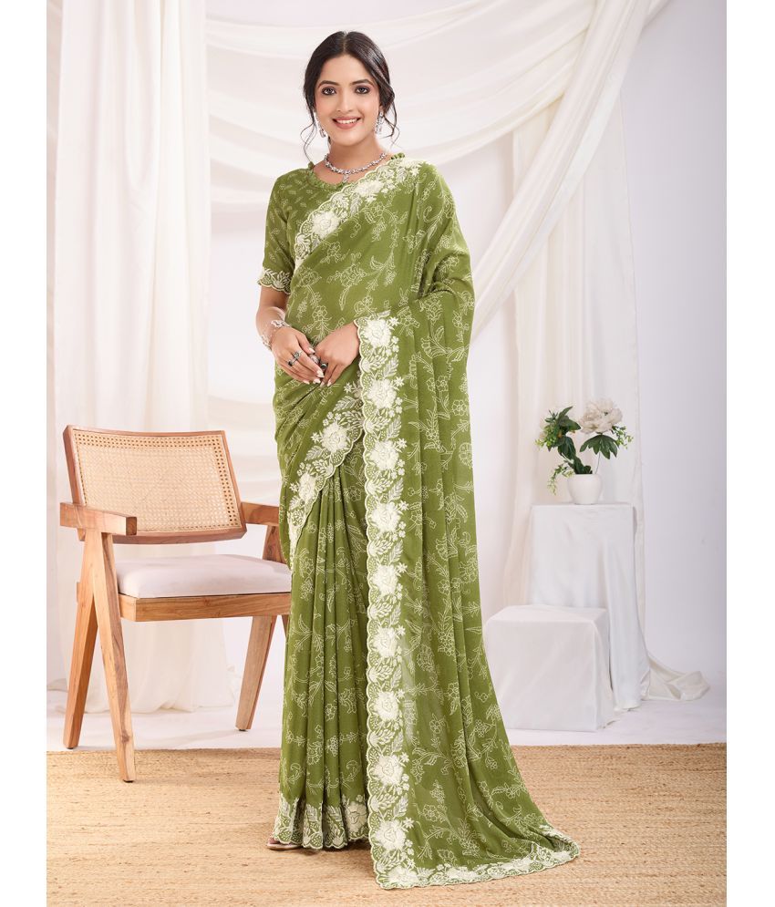     			RekhaManiyar Pack of 1 Georgette Printed Saree With Blouse Piece ( Olive )