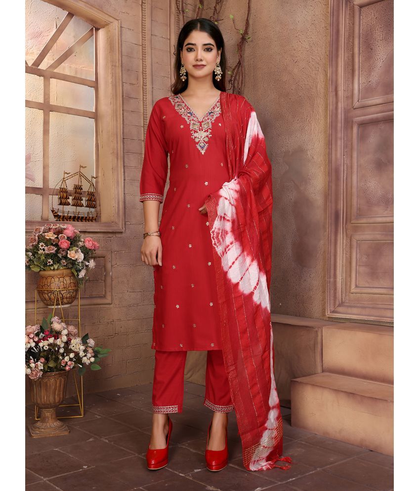     			Royal Export Pack of 1 Viscose Embroidered Straight Women's Kurti - ( Red )