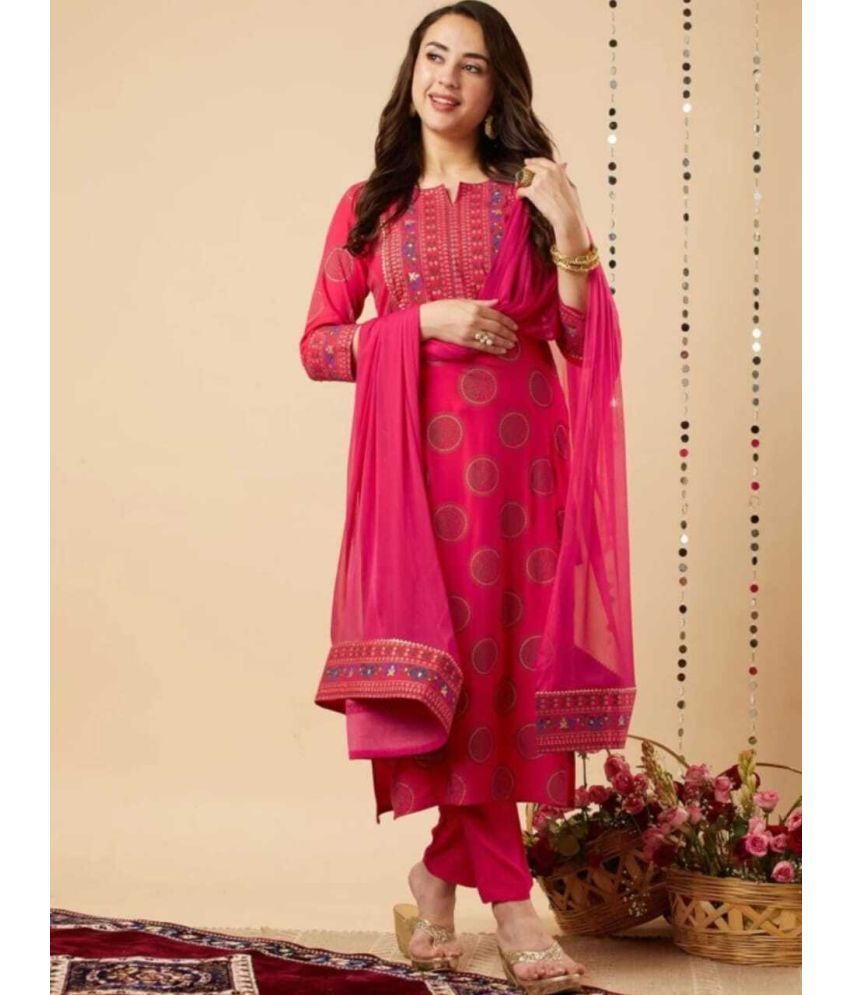     			VVGROUP Viscose Printed Kurti With Pants Women's Stitched Salwar Suit - Pink ( Pack of 1 )