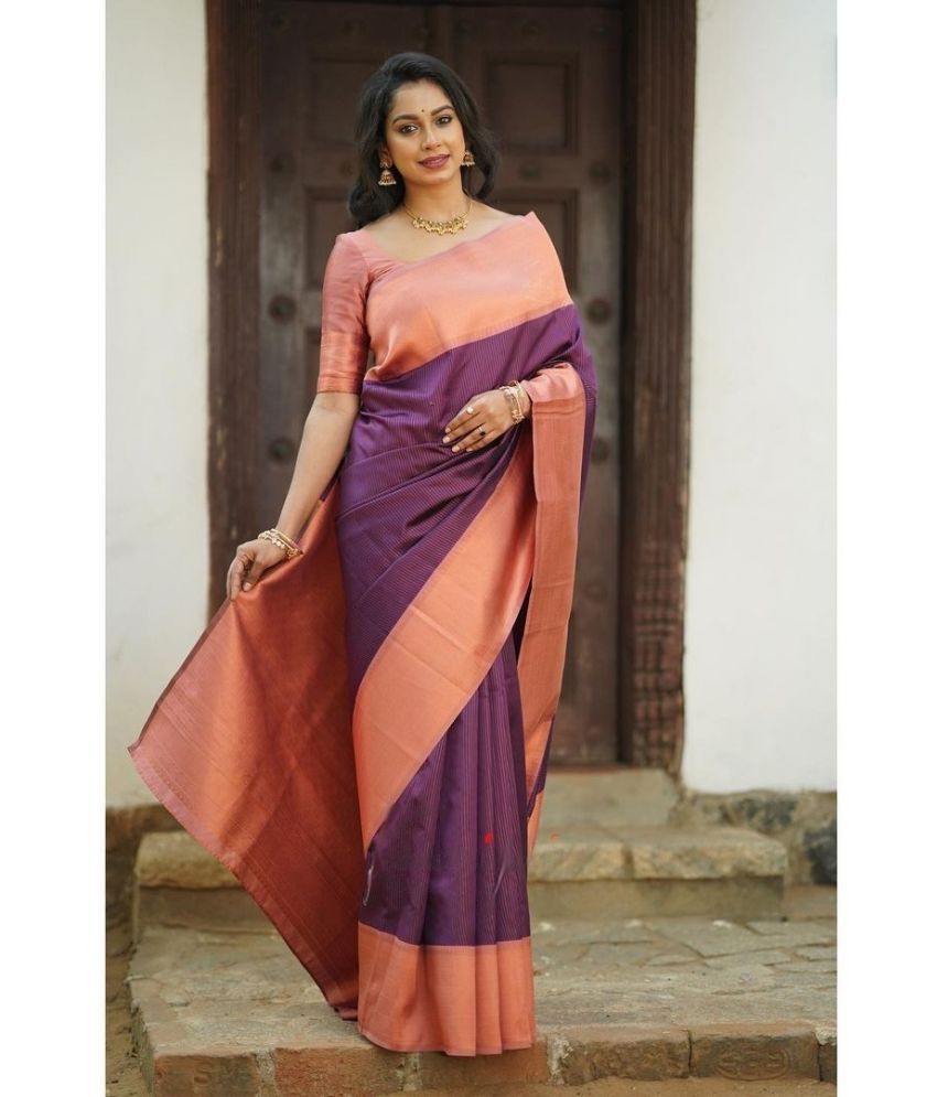     			Vividvibe Pack of 1 Kanjivaram Silk Self Design Saree With Blouse Piece ( Purple )