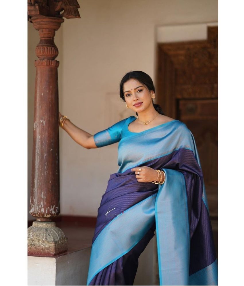     			Vividvibe Pack of 1 Kanjivaram Silk Self Design Saree With Blouse Piece ( Blue )