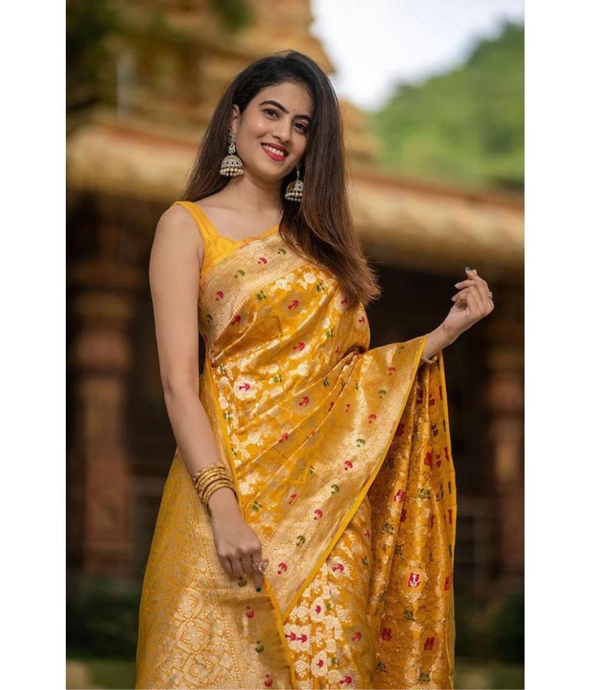     			Vividvibe Pack of 1 Kanjivaram Silk Self Design Saree With Blouse Piece ( Yellow )