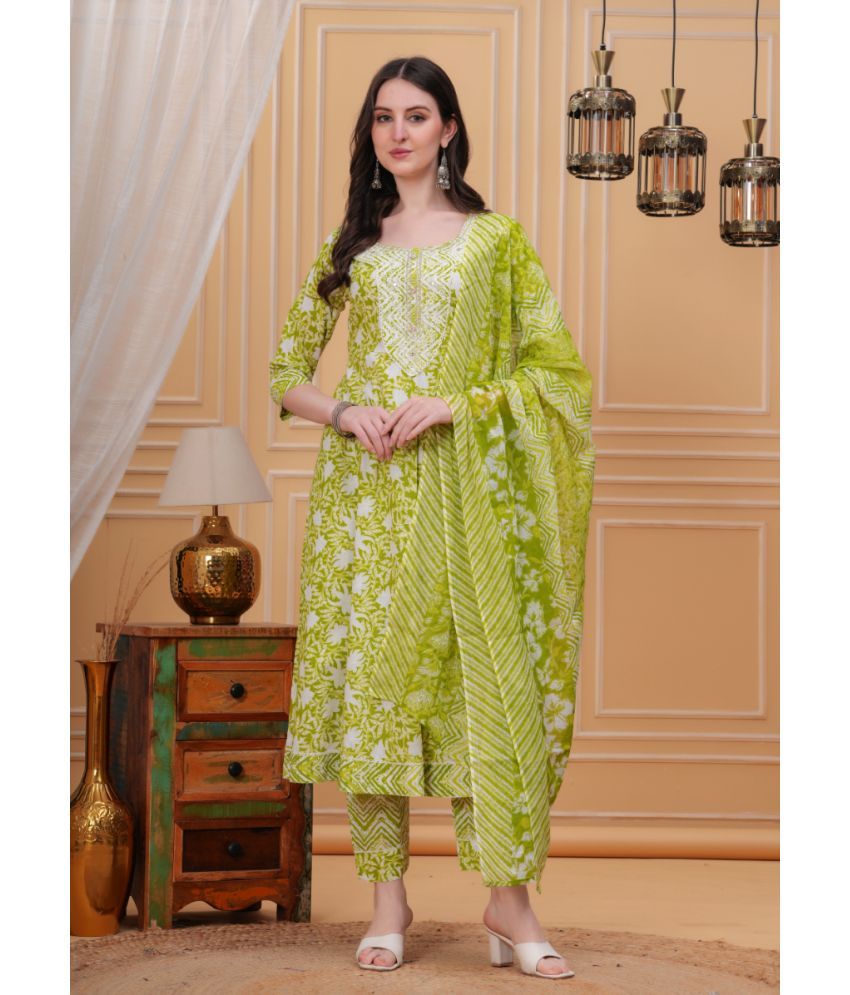     			HIGHLIGHT FASHION EXPORT Cotton Blend Embroidered Kurti With Pants Women's Stitched Salwar Suit - Green ( Pack of 1 )