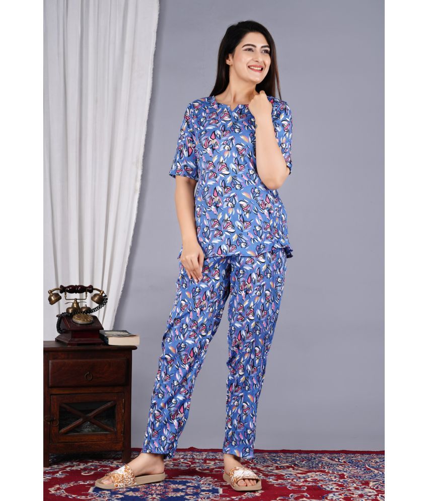     			RAMBAAN CREATION Blue Polyester Women's Nightwear Nightsuit Sets ( Pack of 1 )