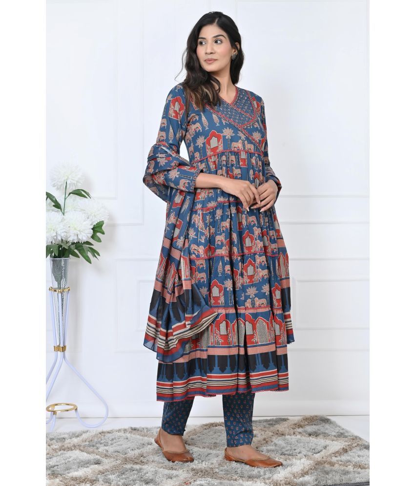     			Vbuyz Cotton Printed Kurti With Pants Women's Stitched Salwar Suit - Blue ( Pack of 1 )