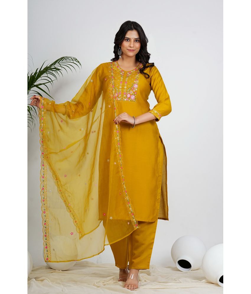     			Vbuyz Silk Blend Embroidered Kurti With Pants Women's Stitched Salwar Suit - Mustard ( Pack of 1 )