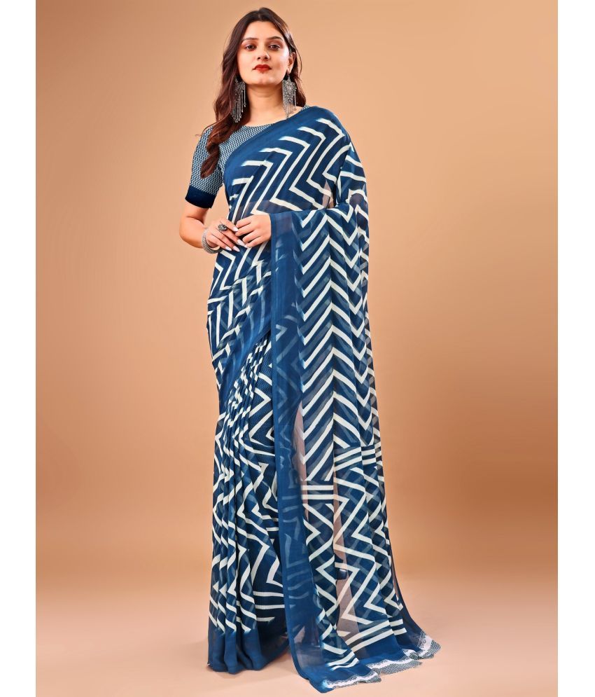     			Vibhagyaa Chiffon Printed Saree With Blouse Piece ( Blue , Pack of 1 )