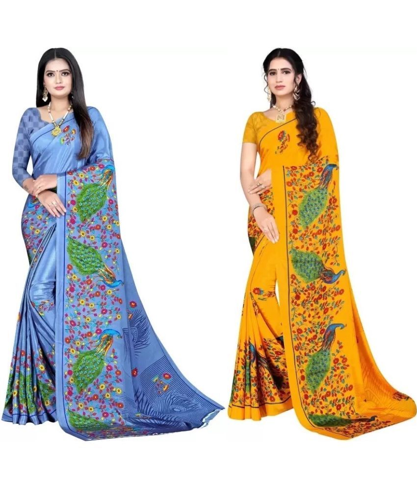     			Vibhagyaa Crepe Printed Saree With Blouse Piece ( Multicolor , Pack of 2 )