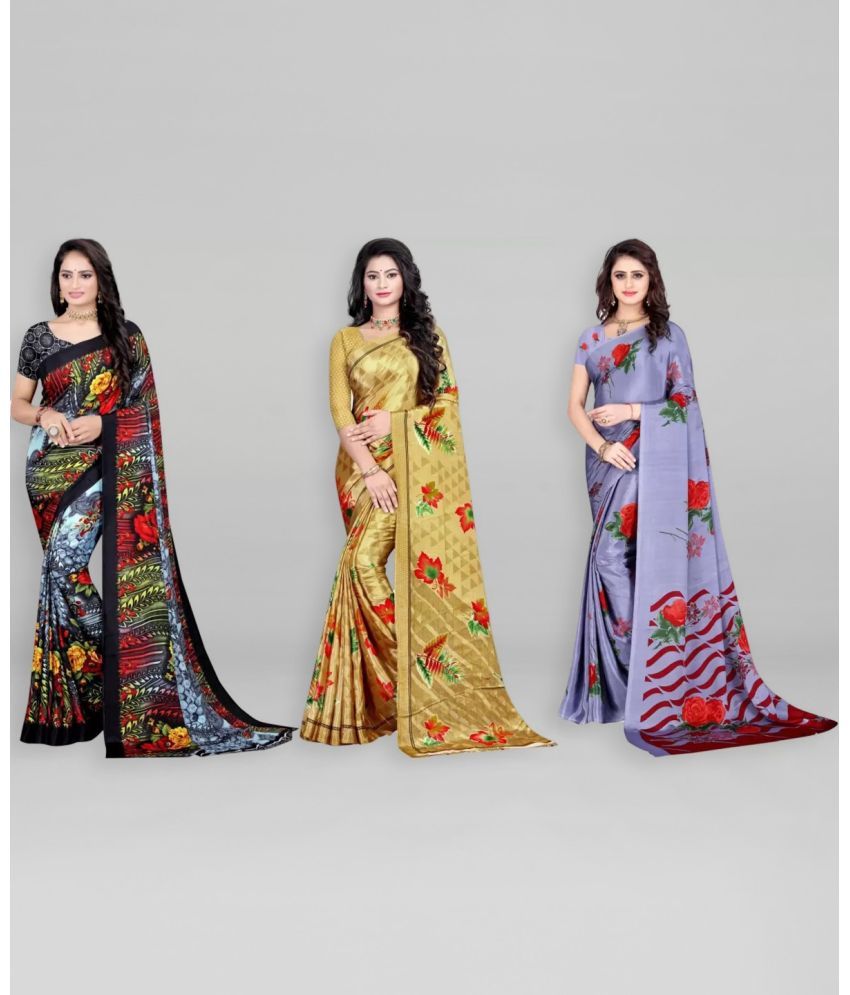     			Vibhagyaa Crepe Printed Saree With Blouse Piece ( Multicolor , Pack of 3 )