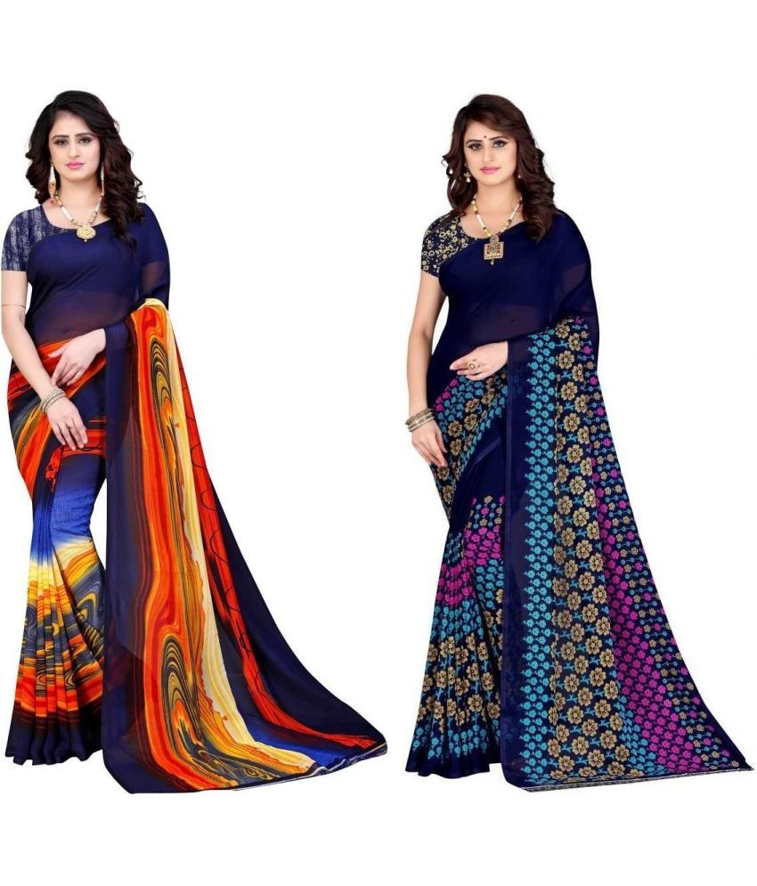     			Vibhagyaa Georgette Printed Saree With Blouse Piece ( Blue , Pack of 2 )