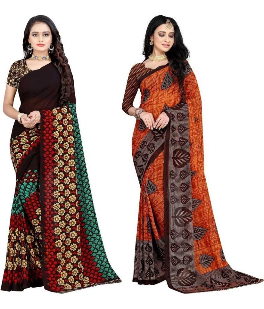     			Vibhagyaa Georgette Printed Saree With Blouse Piece ( Brown , Pack of 2 )