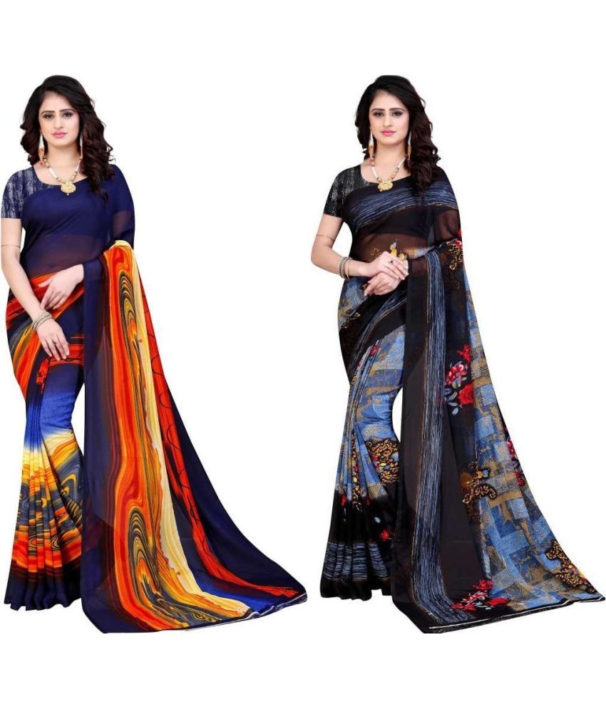     			Vibhagyaa Georgette Printed Saree With Blouse Piece ( Blue , Pack of 2 )