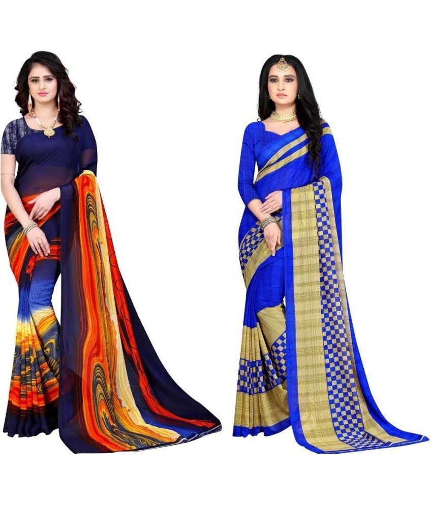     			Vibhagyaa Georgette Printed Saree With Blouse Piece ( Blue , Pack of 2 )