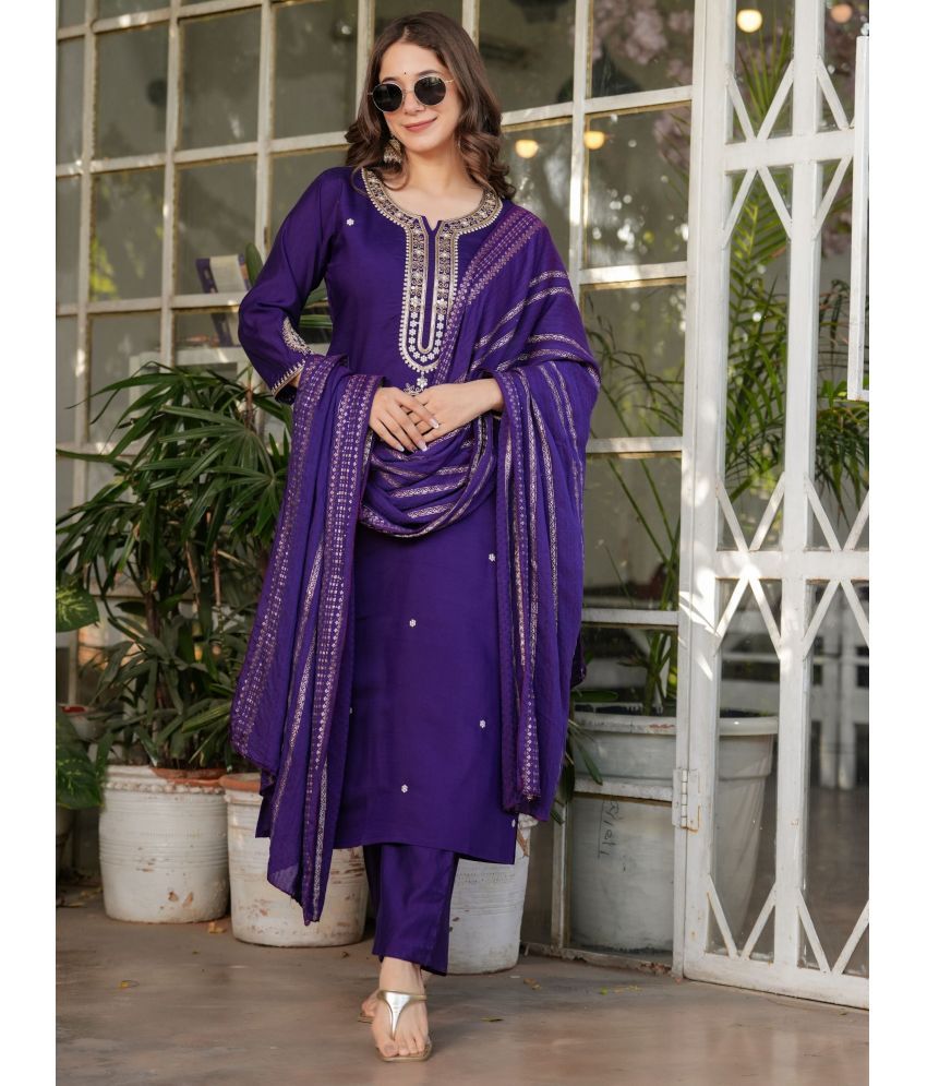     			Eeloo Chanderi Embroidered Kurti With Pants Women's Stitched Salwar Suit - Purple ( Pack of 1 )