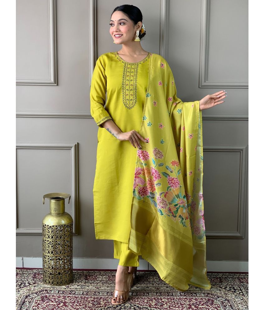     			Eeloo Viscose Embroidered Kurti With Pants Women's Stitched Salwar Suit - Lemon Yellow ( Pack of 1 )