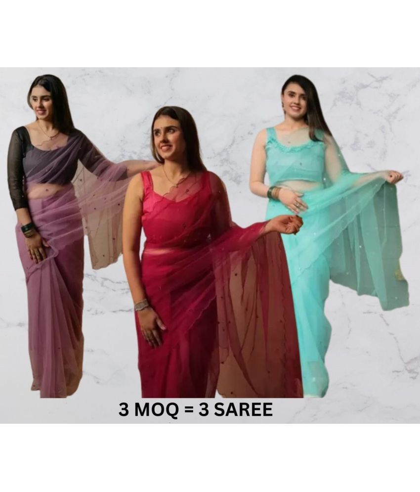     			Vibhagyaa Net Embroidered Saree With Blouse Piece ( Multicolor , Pack of 3 )