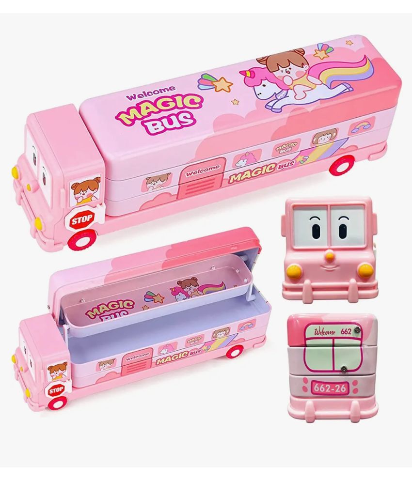     			1944Y-YESKART PINK  Bus Shape Pencil Box School Bus Metal Geometry Box for Kids Magic Bus with Moving Tyres with 3 Compartments Moving Tyre's & Sharpener Geometry Case for Boys & Girls (Pink)