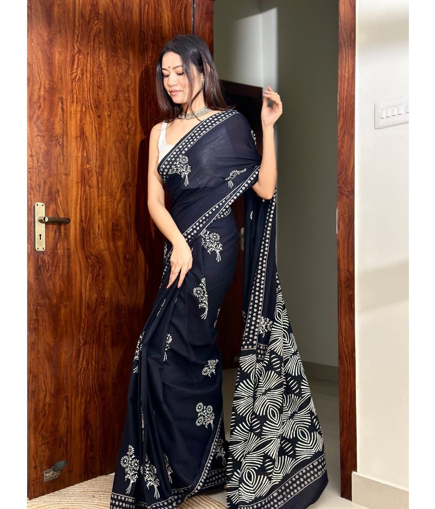     			NOITAERCPR Cotton Printed Saree With Blouse Piece ( Black , Pack of 1 )