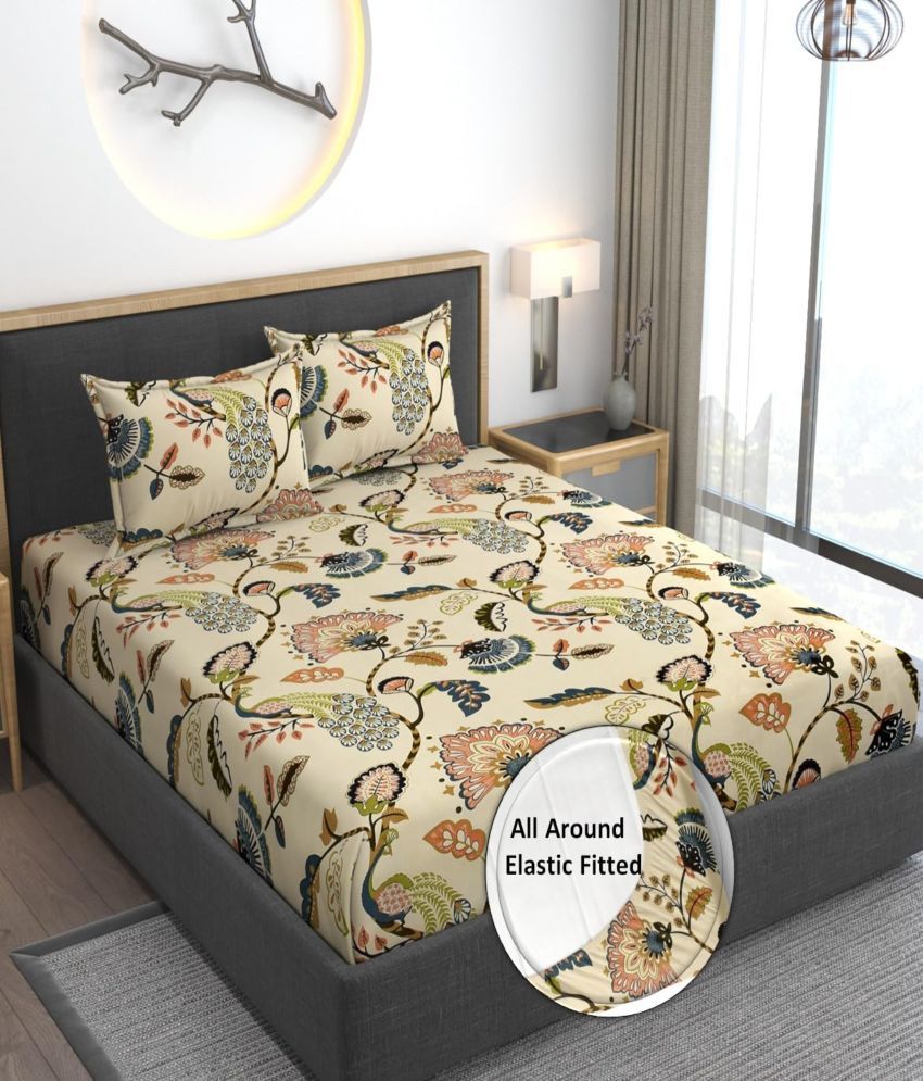     			SWIZIER Cotton Floral Fitted 1 Bedsheet with 2 Pillow Covers ( King Size ) - Beige