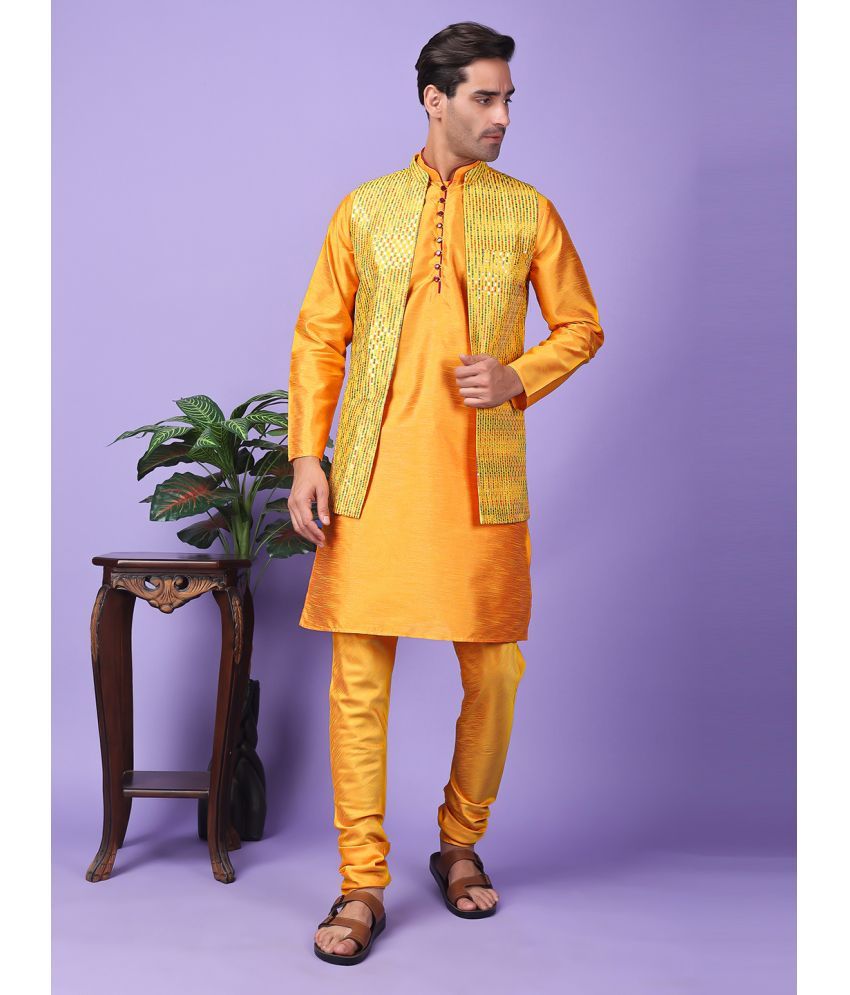     			Hangup Yellow Silk Regular Fit Men's Kurta Pyjama Set ( Pack of 1 )