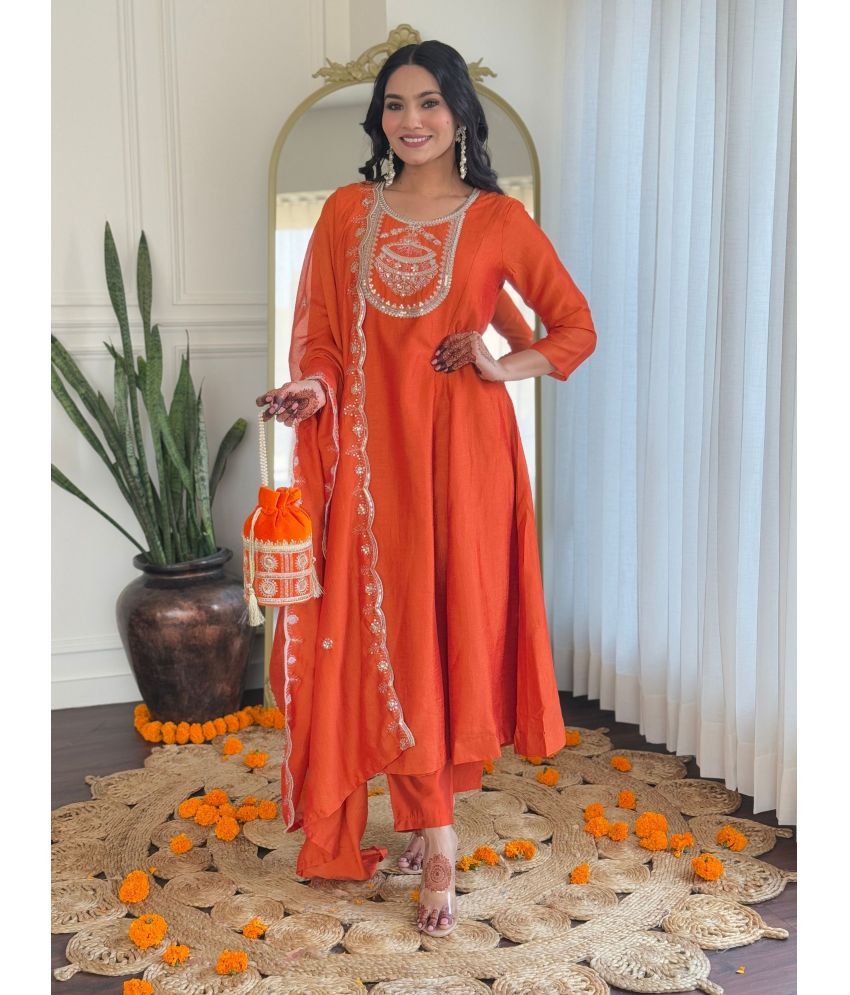     			Niza Fashion Silk Embroidered Kurti With Pants Women's Stitched Salwar Suit - Orange ( Pack of 1 )