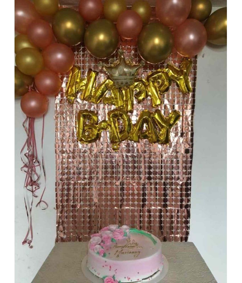     			Partybooms Happy B-day Gold Decoration 2 Rosegold Box Curtains, 15 Gold, 15 Rosegold Metalic Balloon Pack of 33