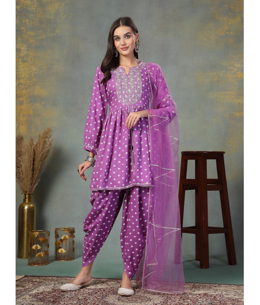     			Stylum Rayon Embroidered Kurti With Dhoti Pants Women's Stitched Salwar Suit - Purple ( Pack of 1 )