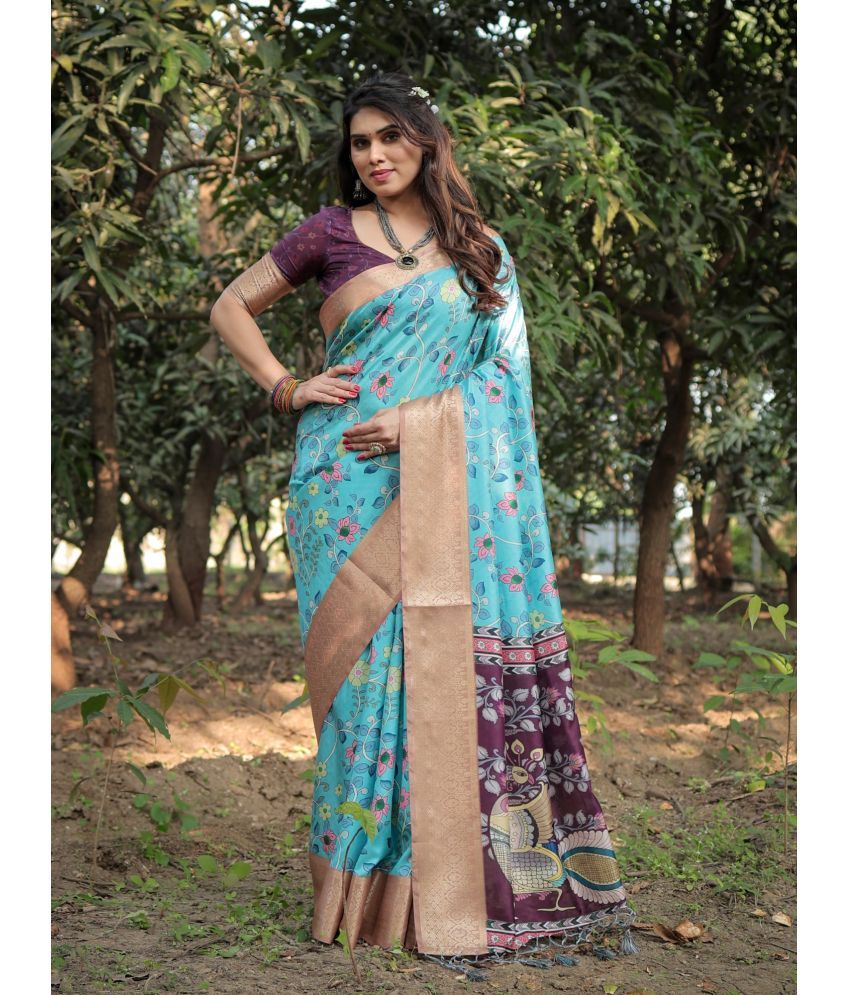     			Almaari Fashion Cotton Silk Printed Saree With Blouse Piece ( Blue , Pack of 1 )