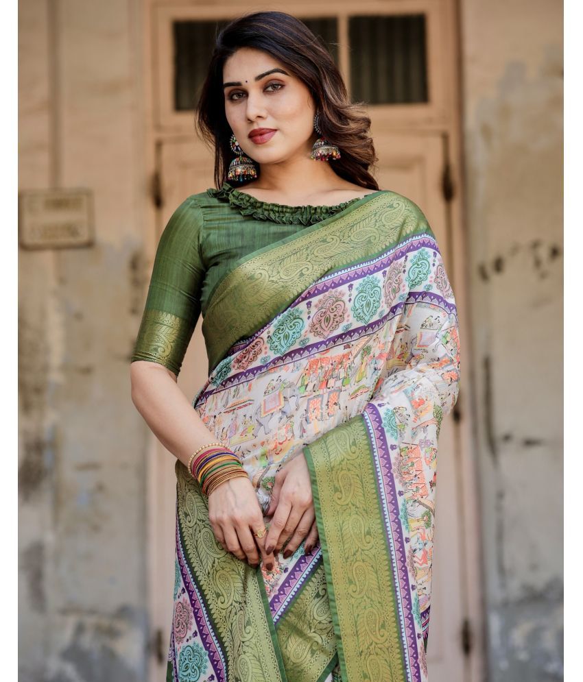     			Almaari Fashion Cotton Silk Printed Saree With Blouse Piece ( White , Pack of 1 )