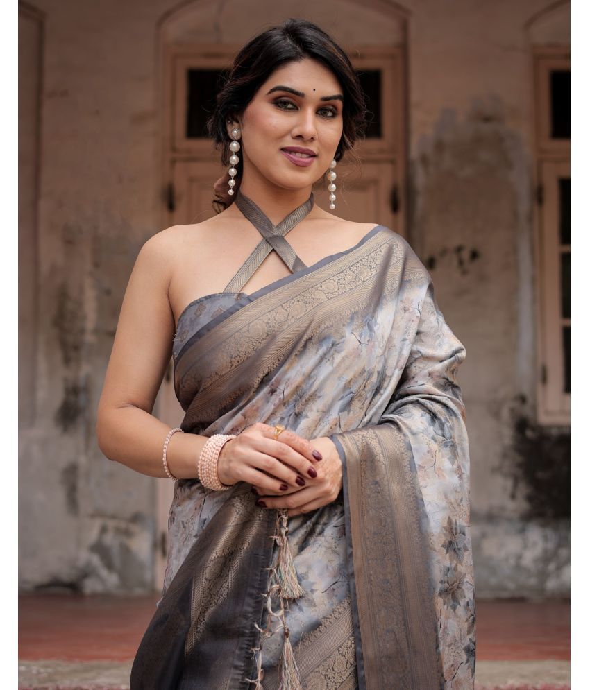     			Almaari Fashion Cotton Silk Printed Saree With Blouse Piece ( Grey , Pack of 1 )