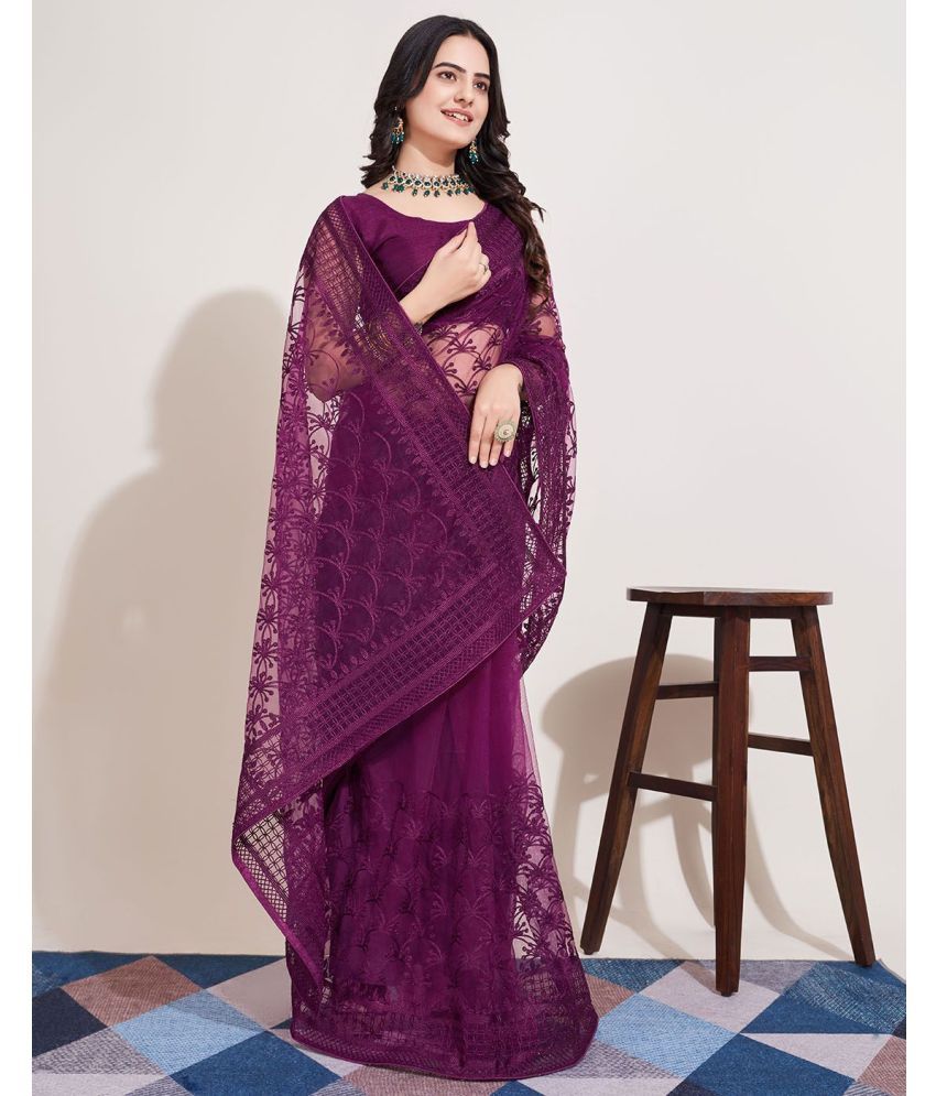     			Aika Net Embroidered Saree With Blouse Piece ( Wine , Pack of 1 )