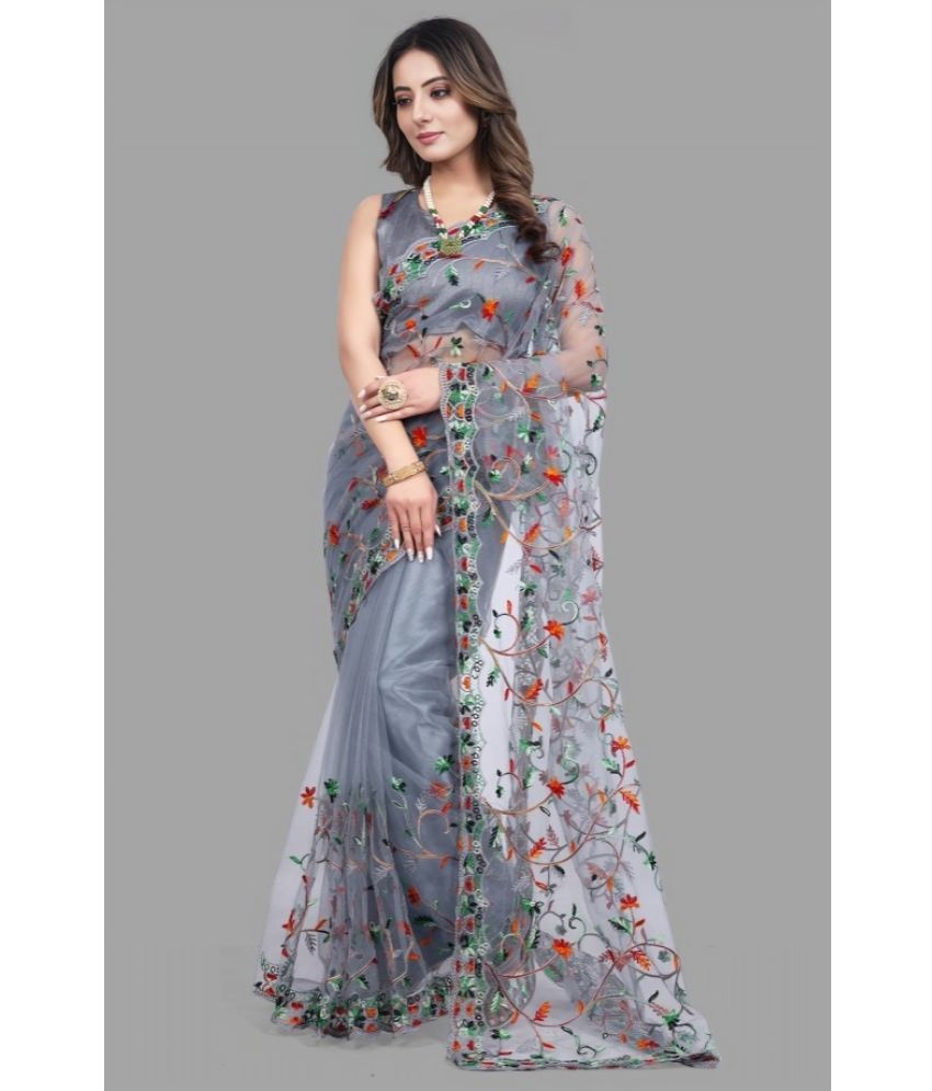     			Apnisha Net Embroidered Saree With Blouse Piece ( Grey , Pack of 1 )