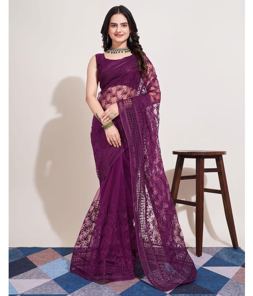     			Apnisha Net Embroidered Saree With Blouse Piece ( Wine , Pack of 1 )