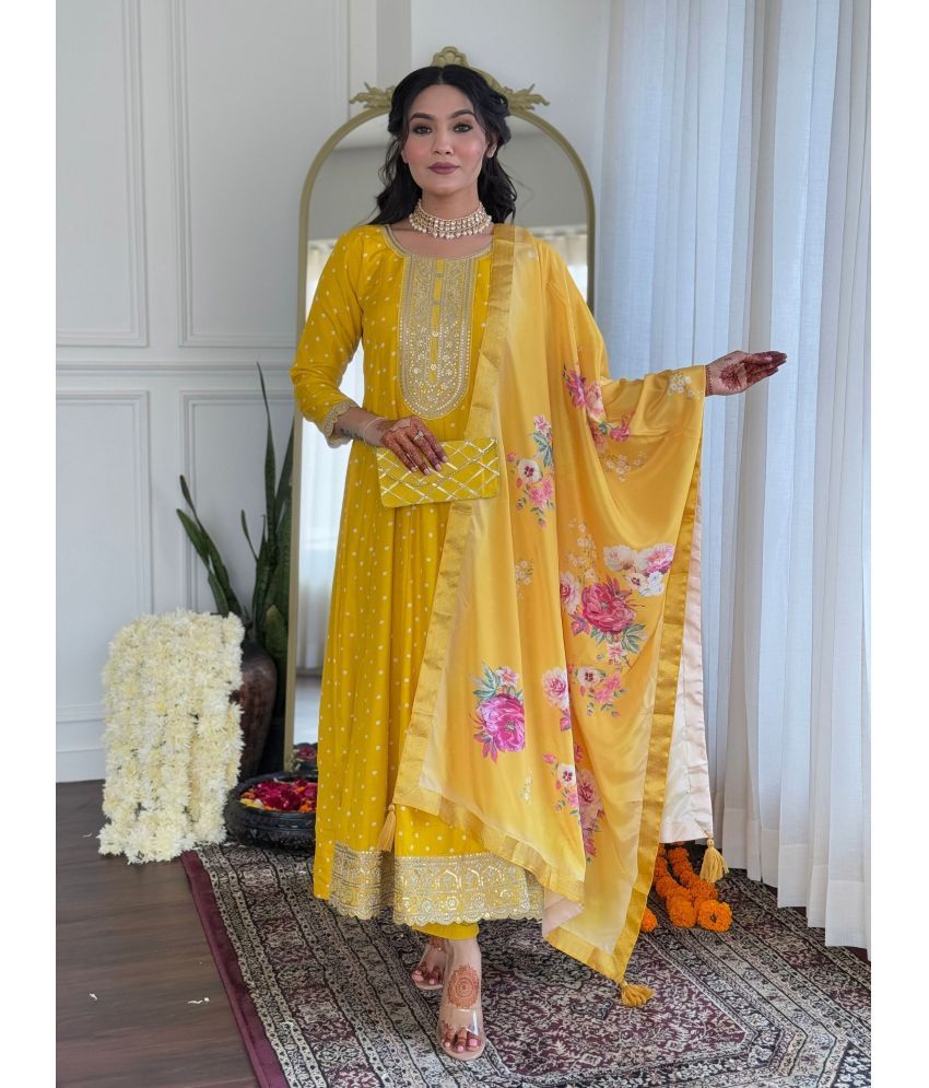     			Eeloo Silk Embroidered Kurti With Pants Women's Stitched Salwar Suit - Yellow ( Pack of 1 )