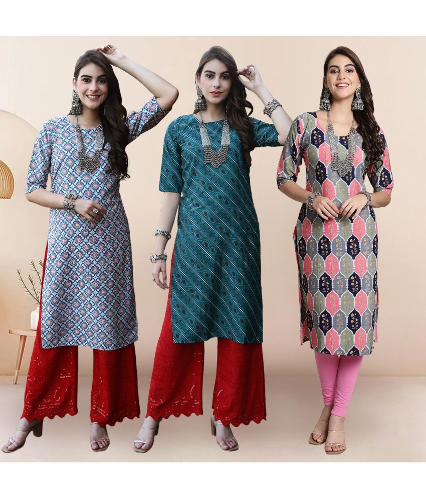     			Ethnicbasket Pack of 3 Crepe Printed Straight Women's Kurti - ( Multicolor2 )