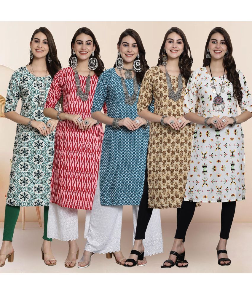     			Ethnicbasket Pack of 5 Crepe Printed Straight Women's Kurti - ( Multicolor3 )