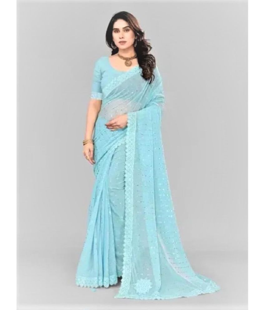     			JILUDI Lycra Solid Saree With Blouse Piece ( Aqua Blue , Pack of 1 )