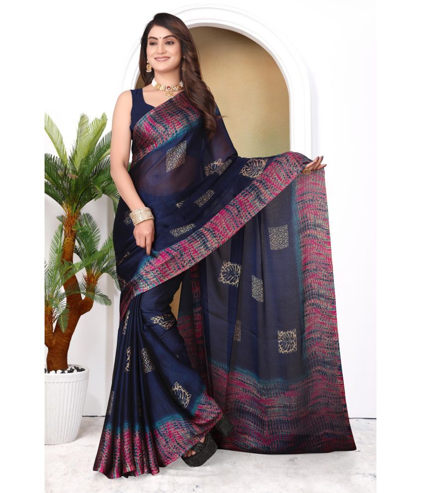     			Magneitta Chiffon Printed Saree With Blouse Piece ( Blue , Pack of 1 )