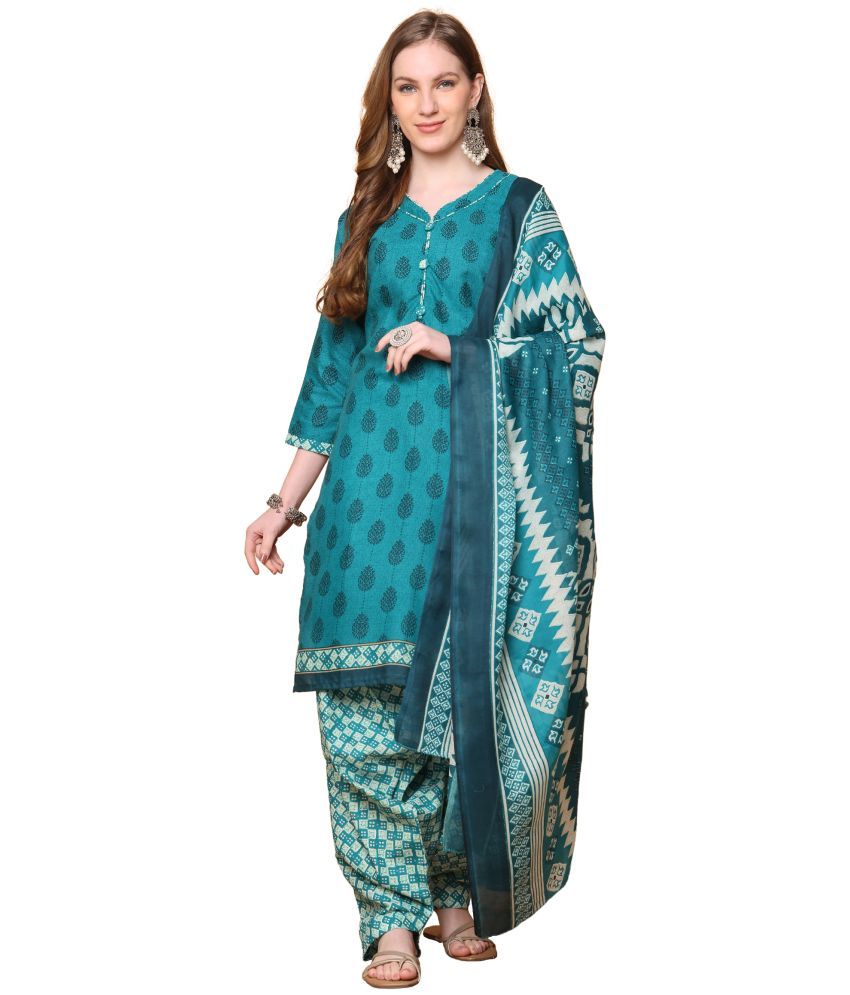     			Rajnandini Cotton Blend Printed Kurti With Patiala Women's Stitched Salwar Suit - Teal ( Pack of 1 )